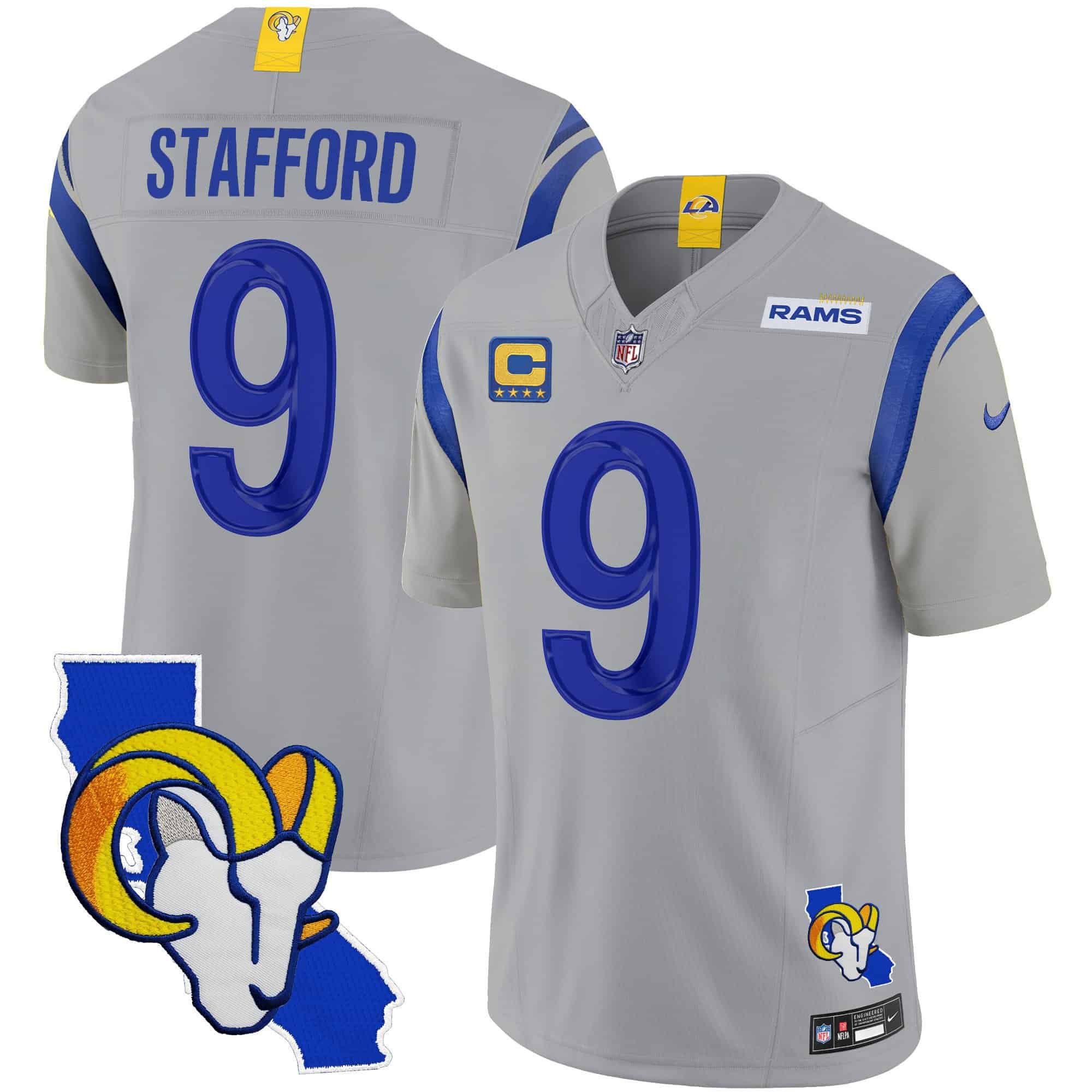Men Los Angeles Rams #9 Stafford Grey 2024 Nike California Patch Vapor Limited NFL Jersey style 1